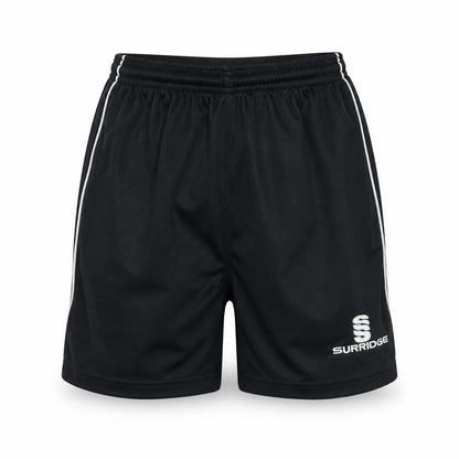 Front view of Surridge boys’ black athletic sports shorts yth polyester elastic waist
