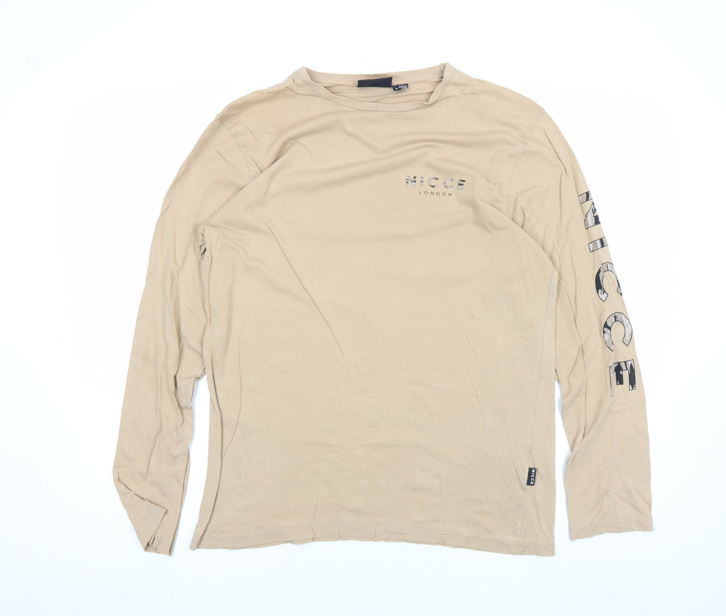 NICCE London Men's Beige Long Sleeve Cotton T-Shirt Size S