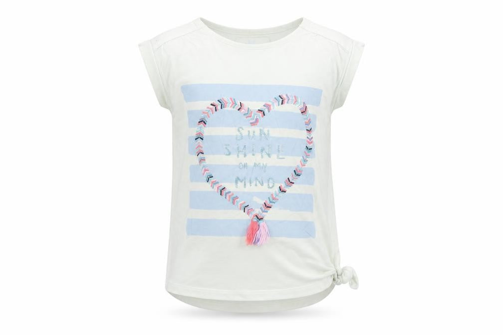 Front view of FatFace girls’ white striped heart embroidered sleeveless t-shirt 8-9 years