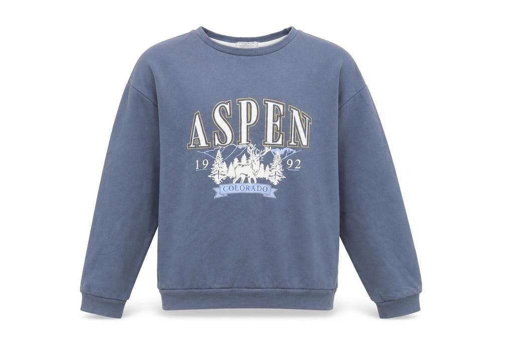 Front view of Primark girls’ blue aspen colorado graphic pullover sweatshirt 12-13 years