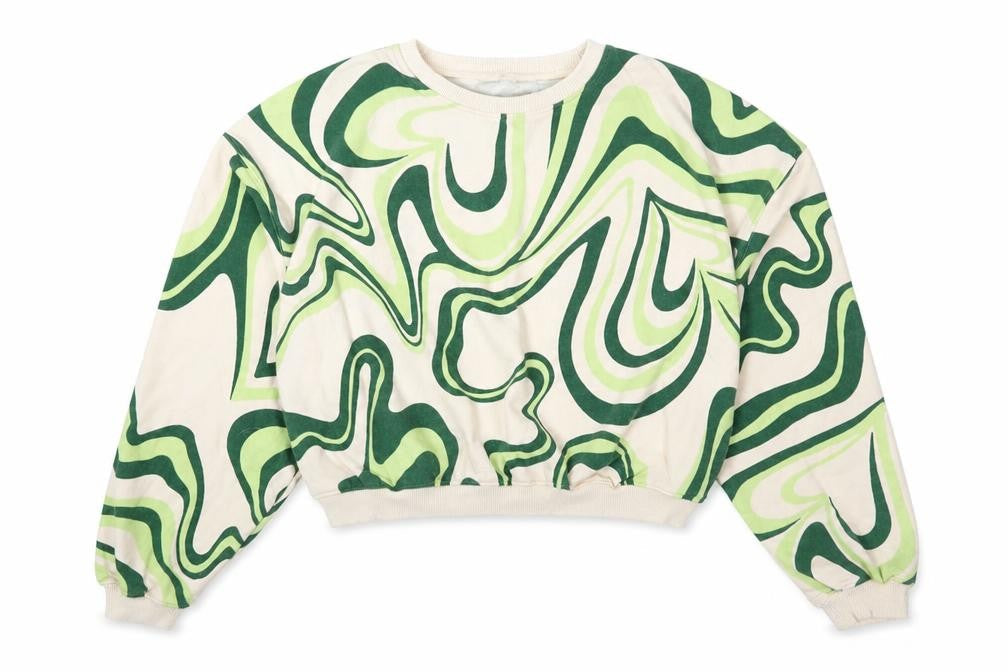 Front view of H&M girls’ beige green swirl print pullover sweatshirt 14 years