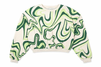 Front view of H&M girls’ beige green swirl print pullover sweatshirt 14 years