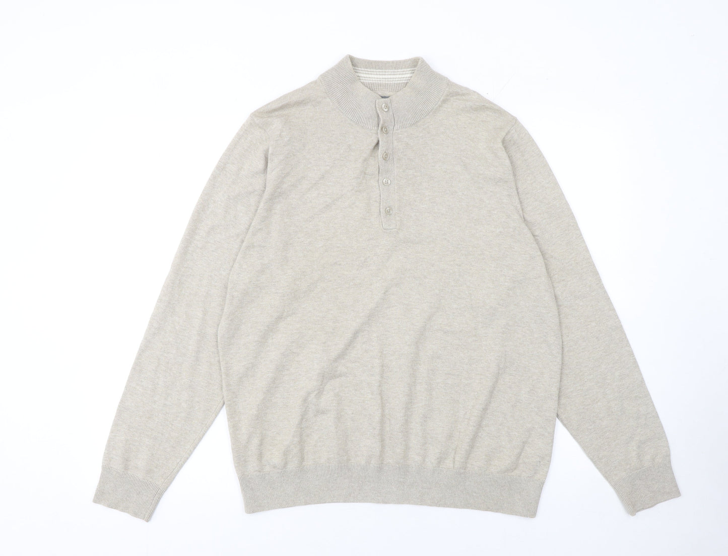 Marks and Spencer Men Beige Medium Henley Mock Neck Cotton Jumper