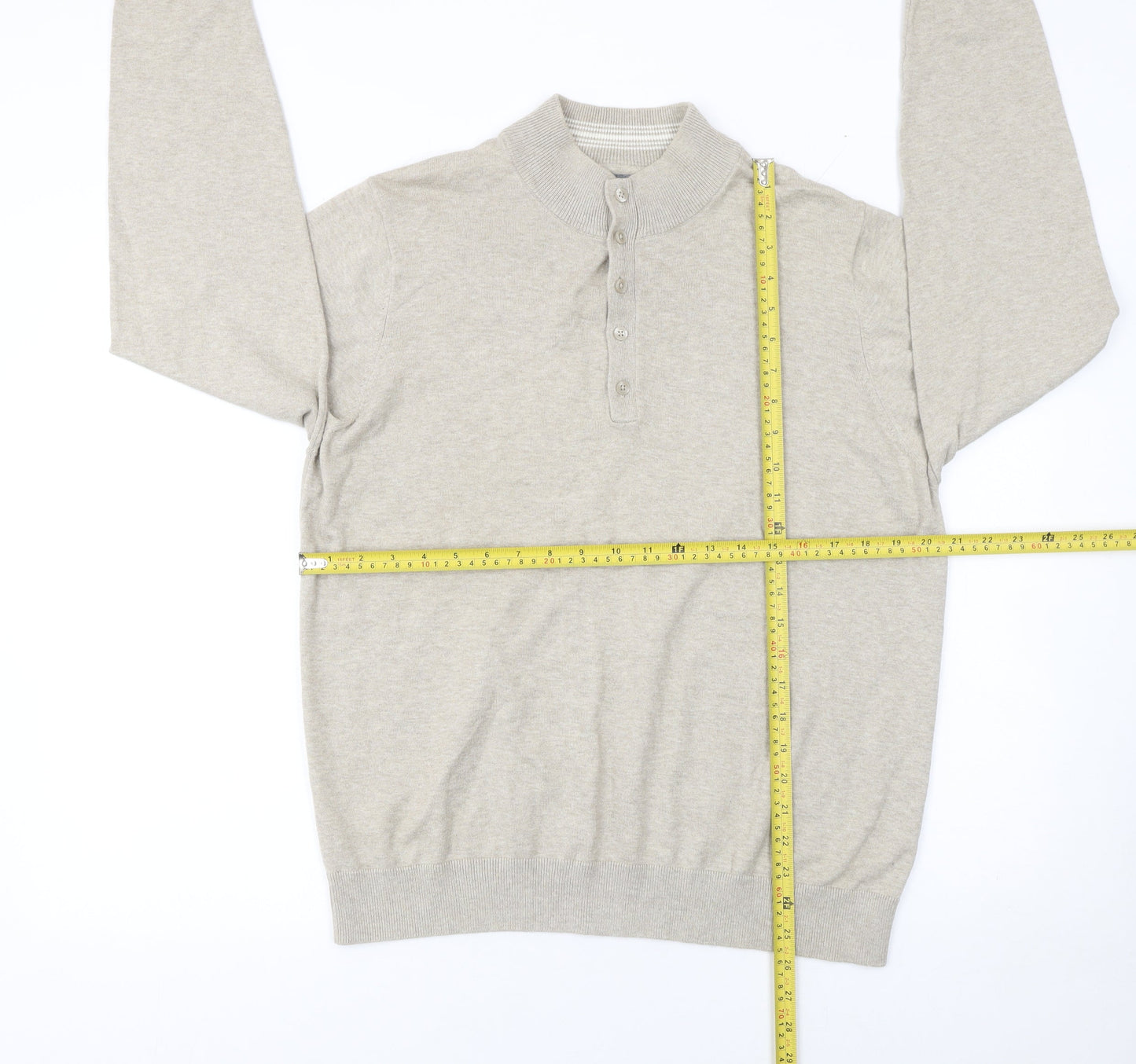 Marks and Spencer Men Beige Medium Henley Mock Neck Cotton Jumper