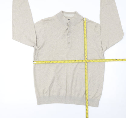 Marks and Spencer Men Beige Medium Henley Mock Neck Cotton Jumper