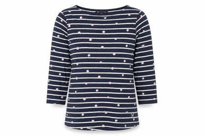 Front view of Crew Clothing Women’s Blue Striped Embroidered 3/4 Sleeve Cotton Top, size UK 10