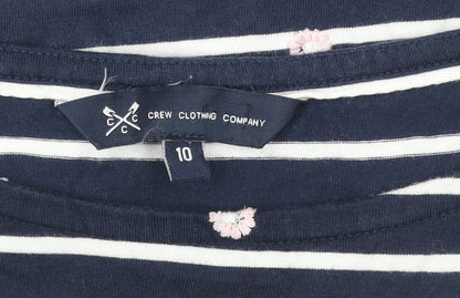 Crew Clothing Company Women’s Blue Striped Embroidered 3/4 Sleeve Cotton Top Size 10