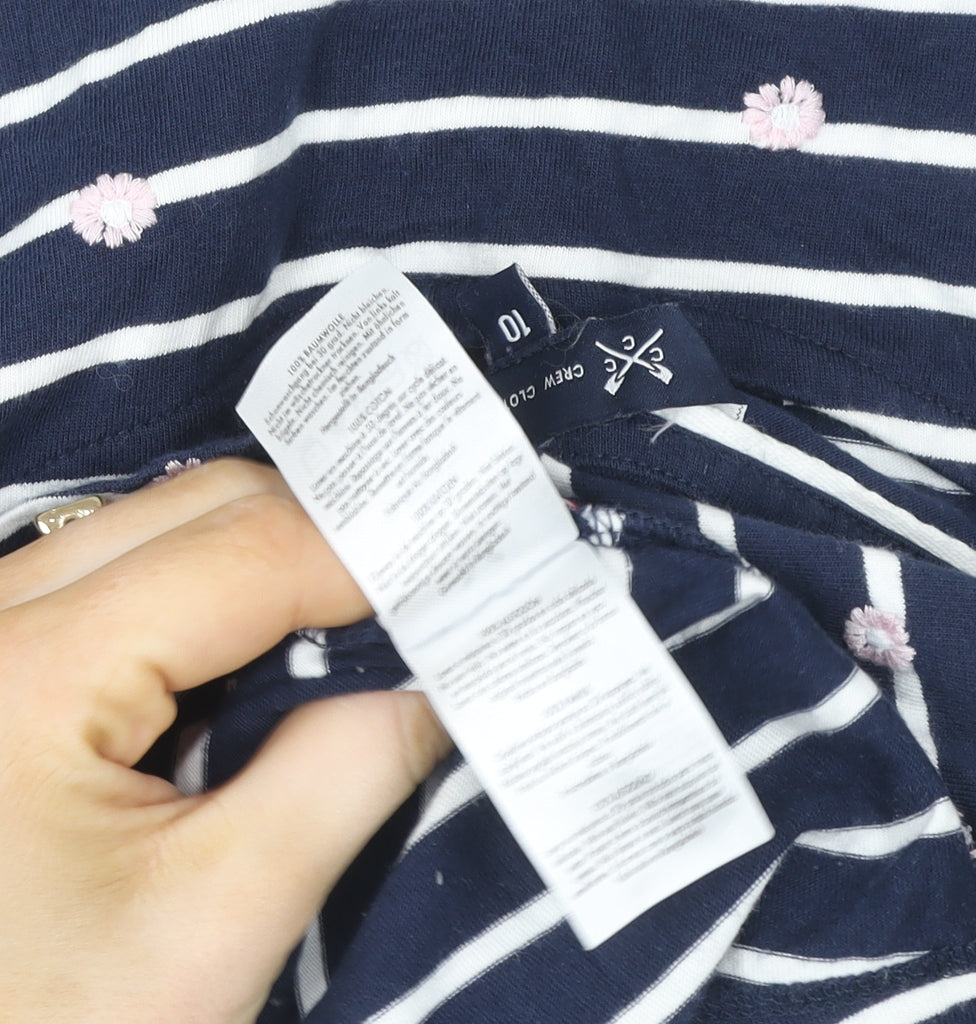 Crew Clothing Company Women’s Blue Striped Embroidered 3/4 Sleeve Cotton Top Size 10