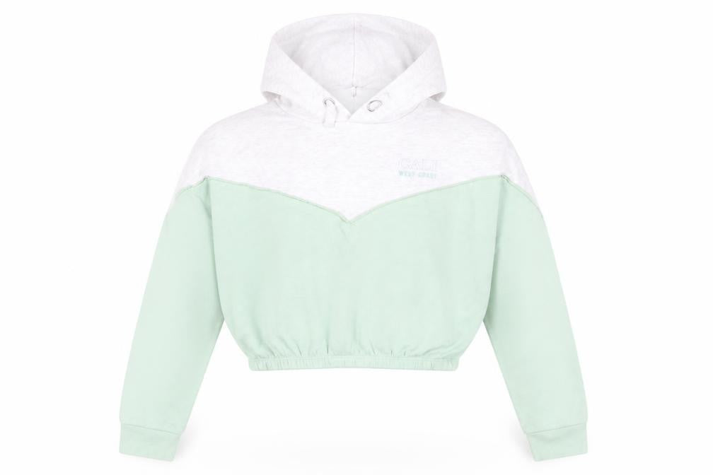 Front view of New Look girls’ green colourblock hoodie 12-13 years pullover sweatshirt