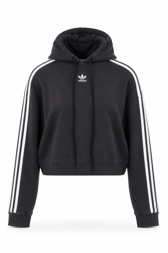 Front view of Adidas Women Black Cropped Hoodie, size 8, Drawstring Hooded Sportswear