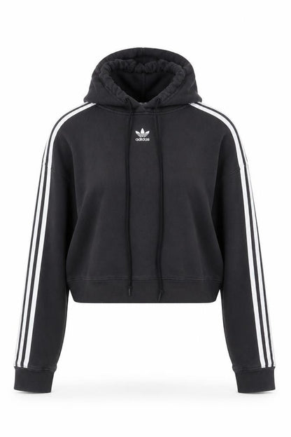 Front view of Adidas Women Black Cropped Hoodie, size 8, Drawstring Hooded Sportswear