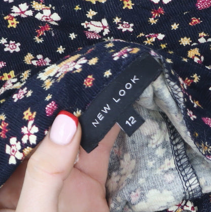 New Look Women Blue Floral A-Line Corduroy Skirt Size 12