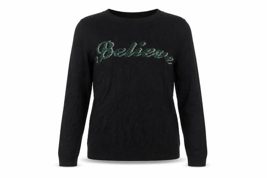 Front view of Principles women’s black long sleeve believe sequin knit jumper, size UK 10