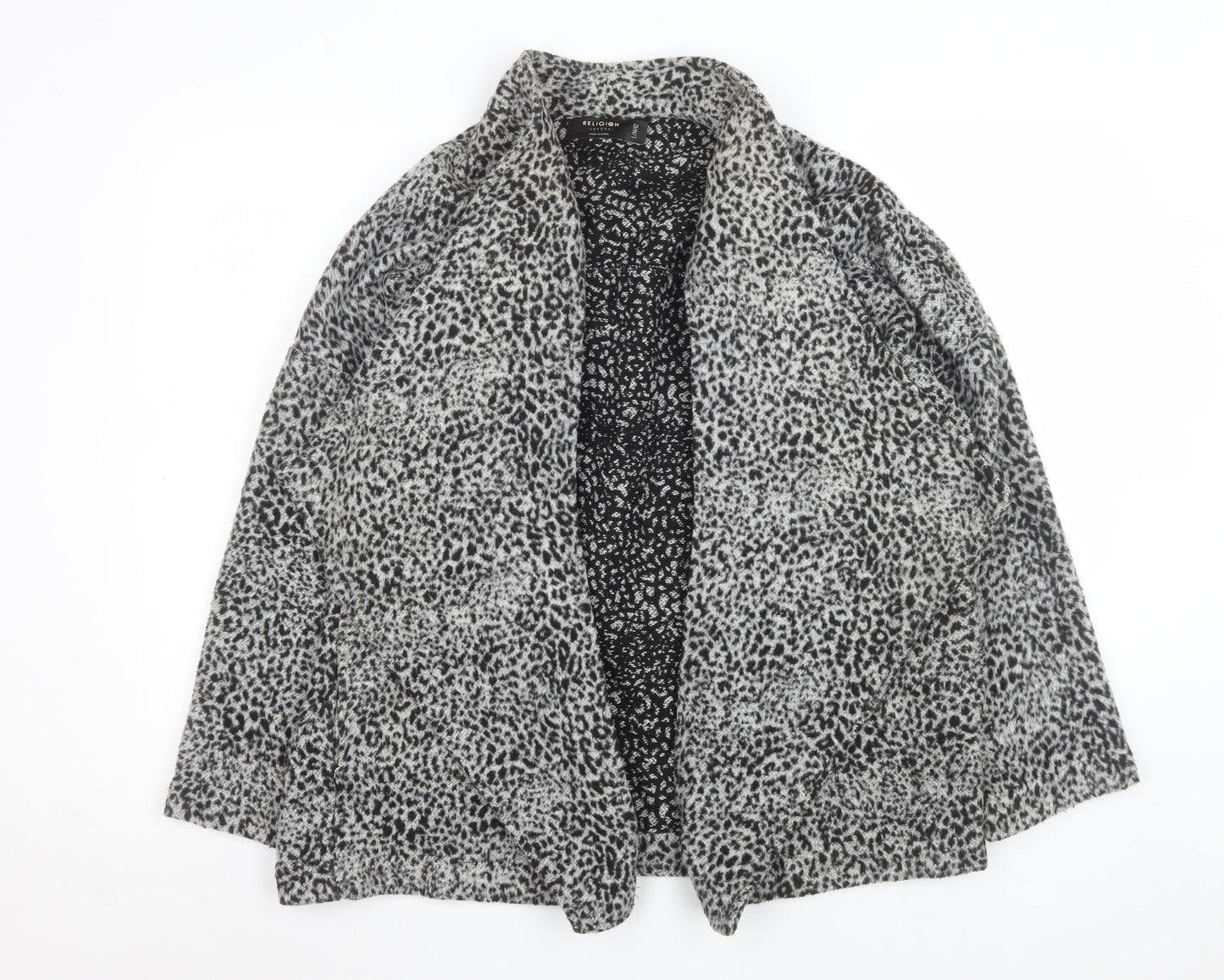 Religion Women Grey Animal Print Coatigan L Long Sleeve Open Front
