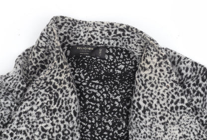 Religion Women Grey Animal Print Coatigan L Long Sleeve Open Front