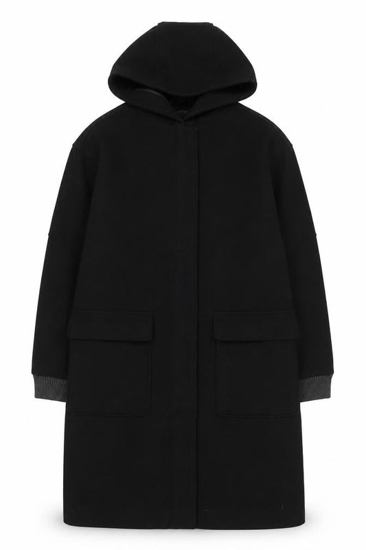 Front view of Topshop unisex black long hooded polyester overcoat, size 34