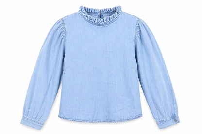 Front view of Denim Co. girls’ blue cotton ruffle high neck long sleeve blouse, size 12, years