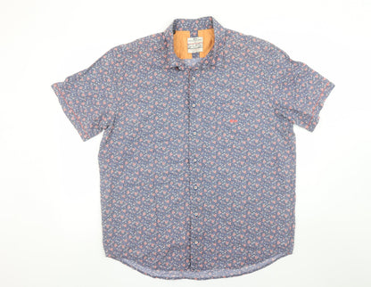 Dario Beltran Men Blue Floral Short Sleeve Cotton Button-Up Shirt 2XL