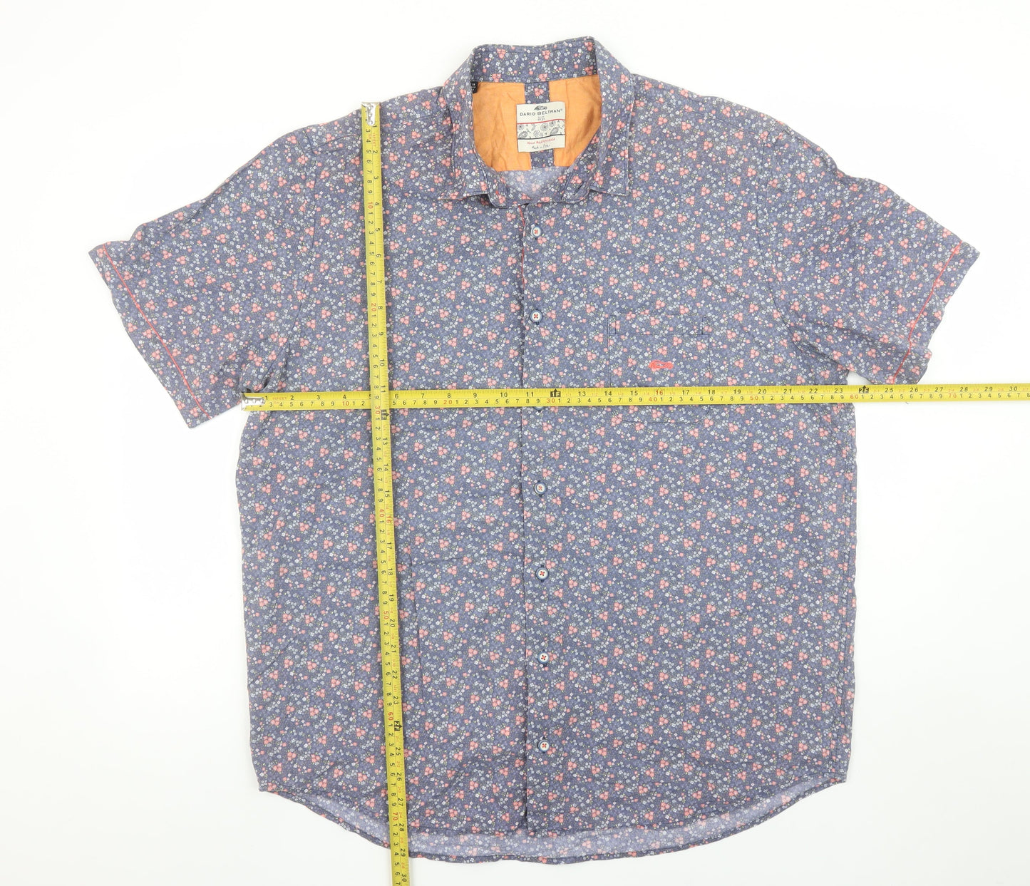 Dario Beltran Men Blue Floral Short Sleeve Cotton Button-Up Shirt 2XL