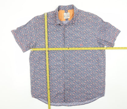 Dario Beltran Men Blue Floral Short Sleeve Cotton Button-Up Shirt 2XL