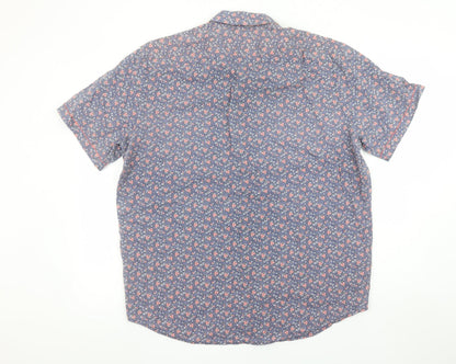 Dario Beltran Men Blue Floral Short Sleeve Cotton Button-Up Shirt 2XL