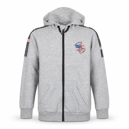 Front view of Supply & Demand boys’ grey full zip hoodie 10-12 years american flag design