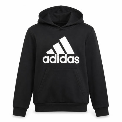 Front view of adidas boys’ black pullover hoodie 13-14 years regular fit graphic logo top