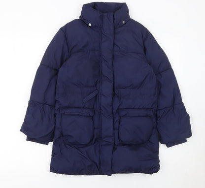 H&M Girls Blue Puffer Coat 8-9 Years Long Quilted Winter Jacket