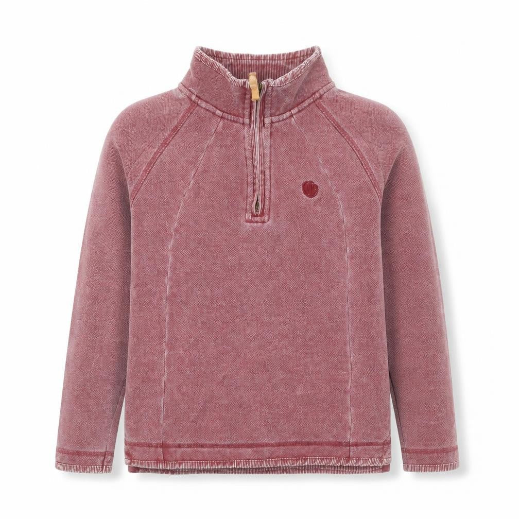 Front view of FatFace boys’ red burgundy 1/4 zip cotton sweatshirt, size 8, years