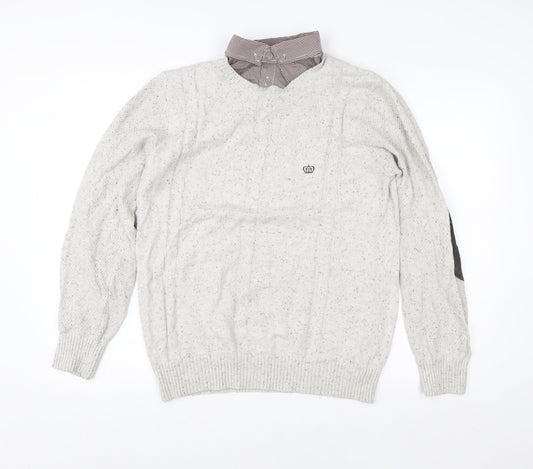 Next Men’s Grey Cable Knit Pullover Jumper M Cotton Wool Elbow Patches