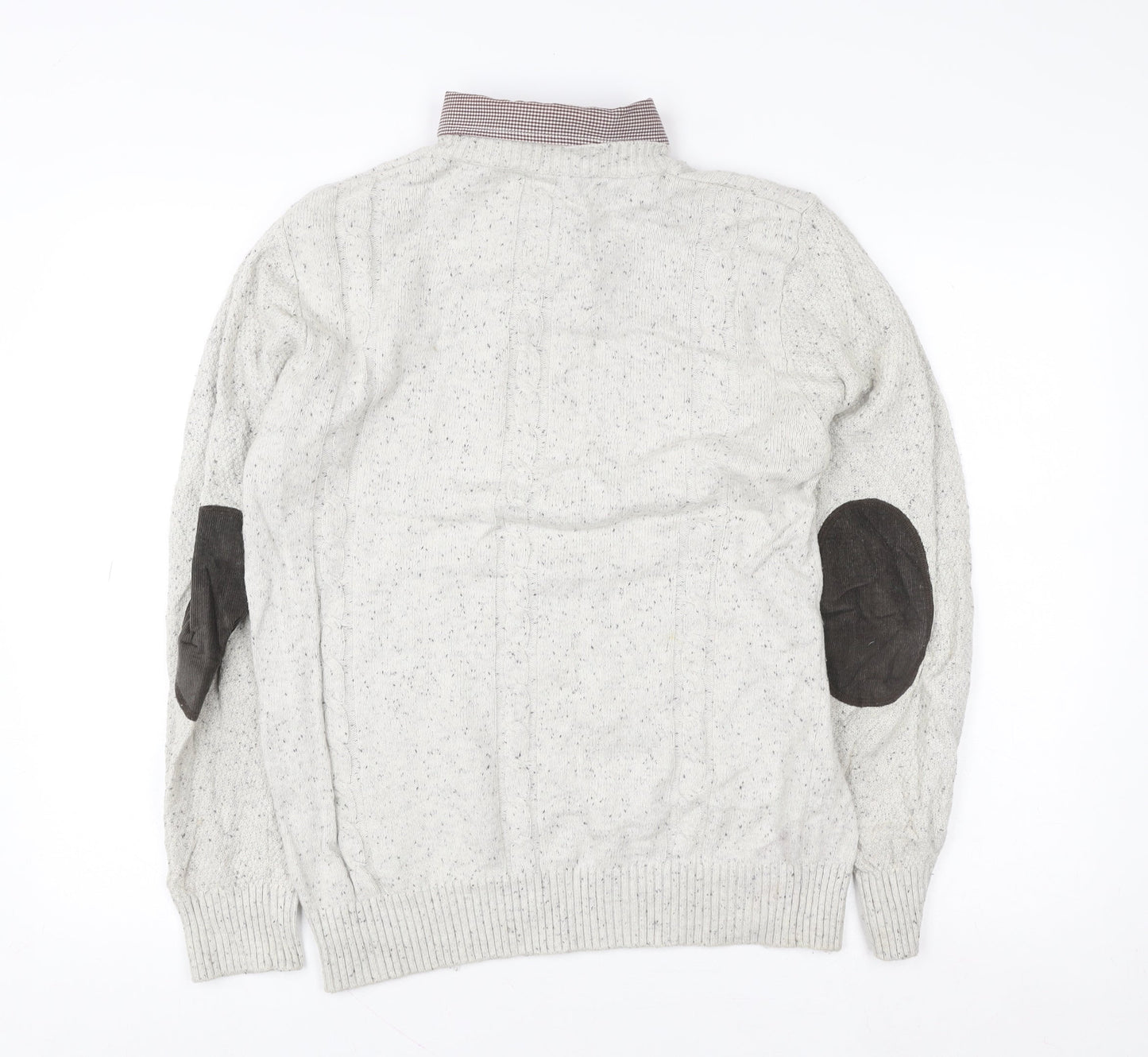 Next Men’s Grey Cable Knit Pullover Jumper M Cotton Wool Elbow Patches