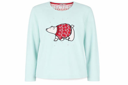 Tu Women Blue Fleece Polar Bear Christmas Long Sleeve Pyjama Top Size 14