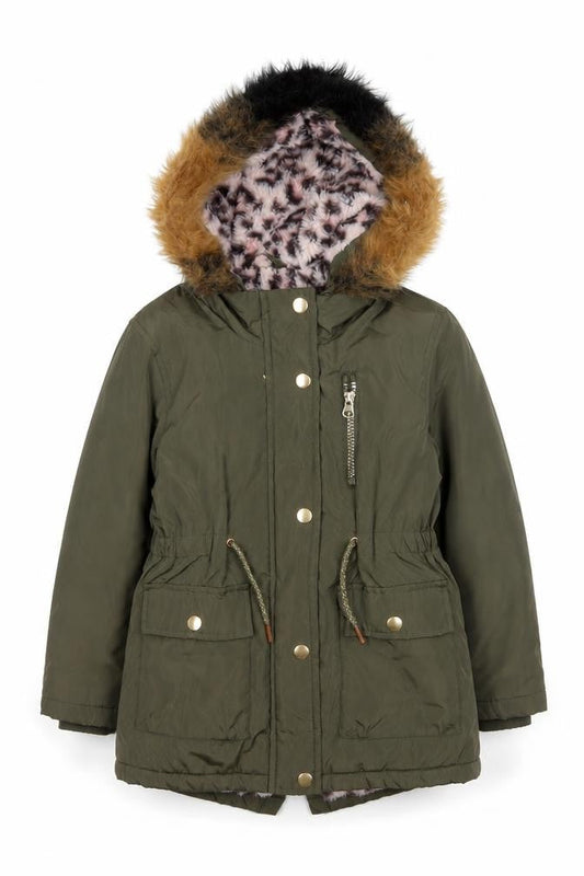 Tu Girls Green Faux Fur Hooded Parka Coat 5-6 Years Lined Winter Jacket