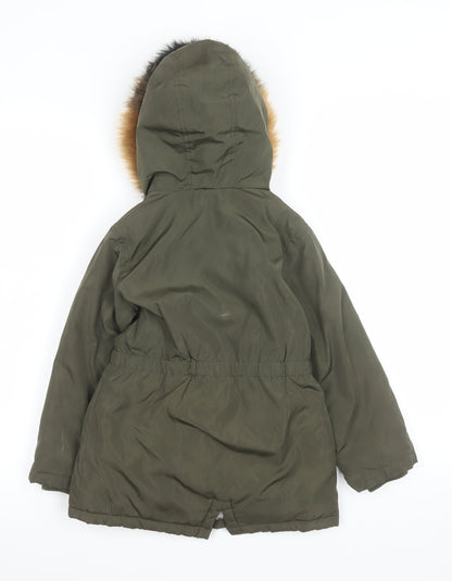 Tu Girls Green Faux Fur Hooded Parka Coat 5-6 Years Lined Winter Jacket