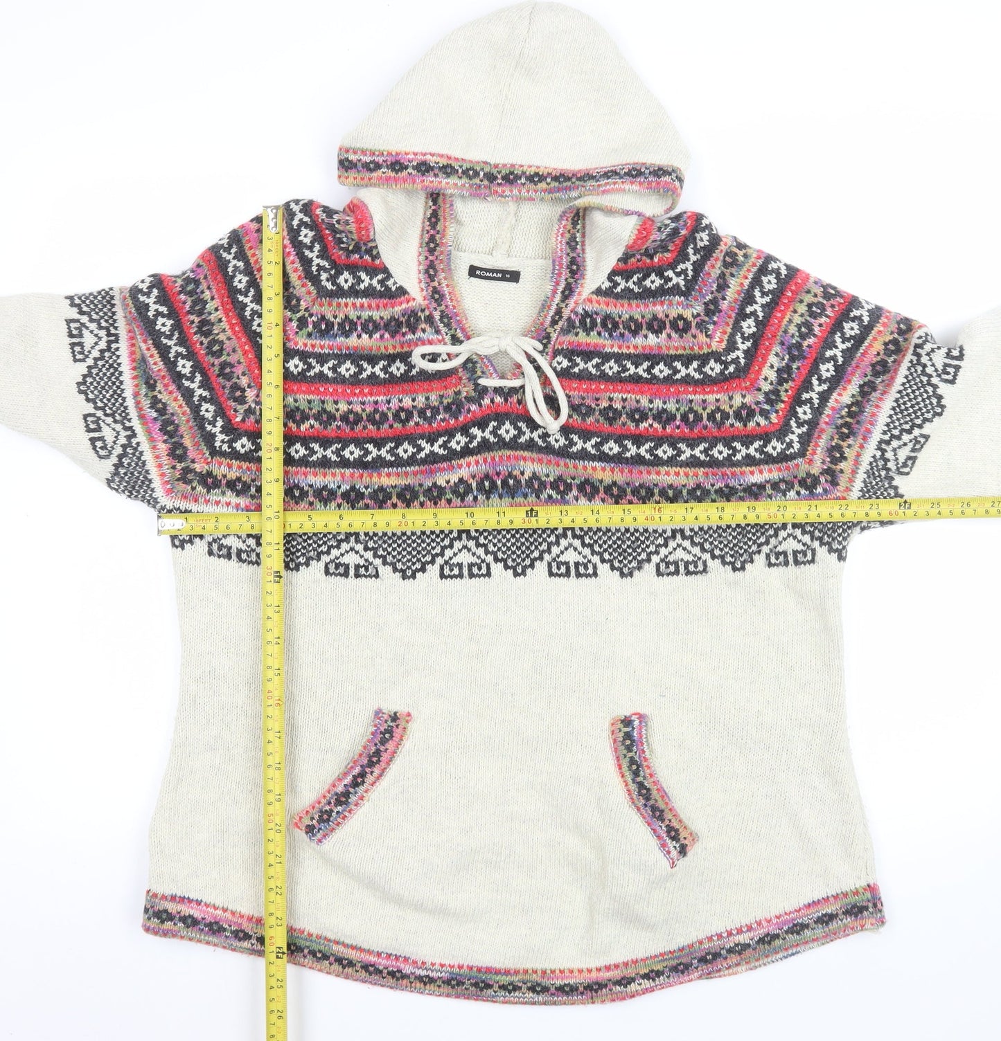 Roman Men’s Beige Fair Isle Hooded Knit Jumper L Casual Winter Pullover