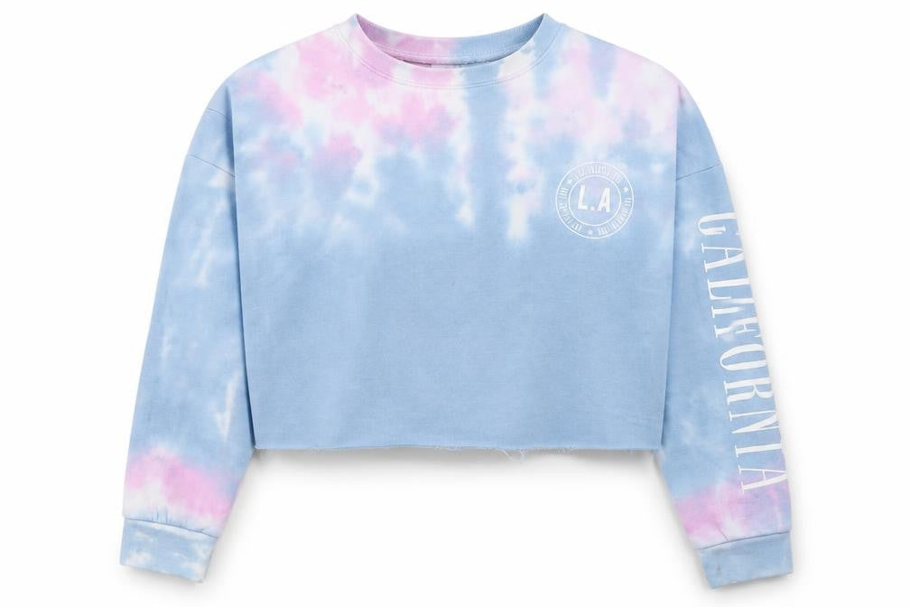 Front view of New Look girls’ multicoloured tie dye la california cropped sweatshirt 12-13 years