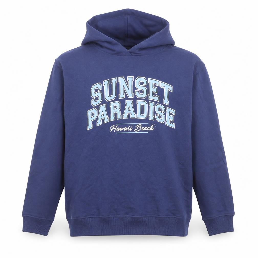 Front view of Matalan girls’ blue 12 years pullover hoodie sunset paradise graphic