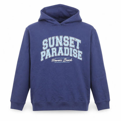 Front view of Matalan girls’ blue 12 years pullover hoodie sunset paradise graphic