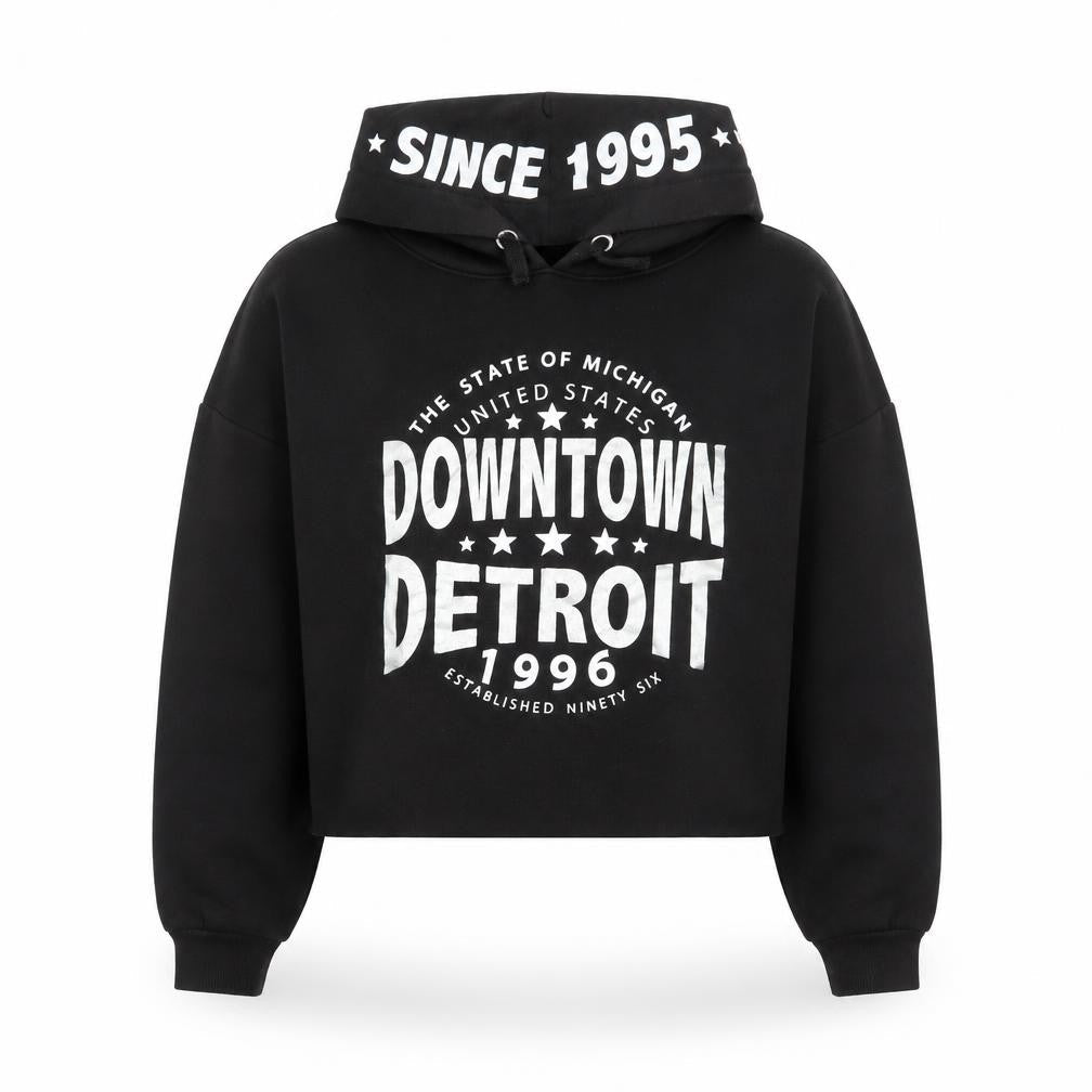 Front view of 915 Generation girls’ black downtown detroit cropped hoodie age 12-13 pullover