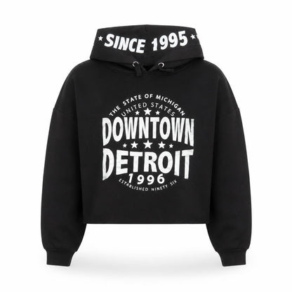 Front view of 915 Generation girls’ black downtown detroit cropped hoodie age 12-13 pullover