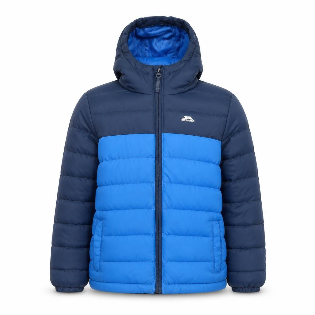 Front view of Trespass boys’ blue hooded puffer jacket 7-8 years water & wind resistant