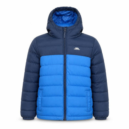 Front view of Trespass boys’ blue hooded puffer jacket 7-8 years water & wind resistant