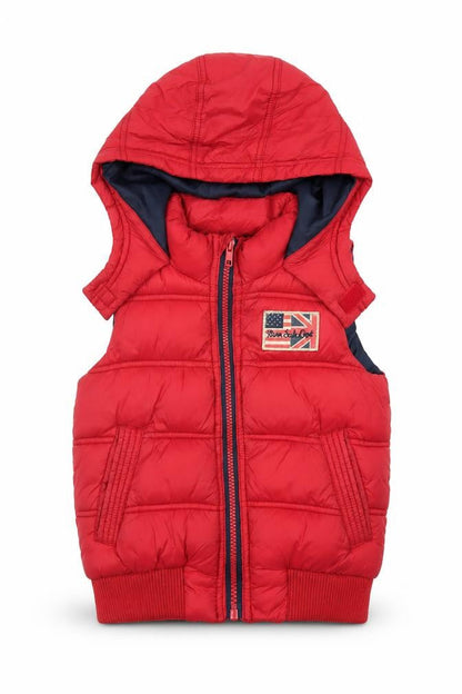 Front view of Tape à l'œil boys’ red hooded puffer gilet jacket 3 years polyester