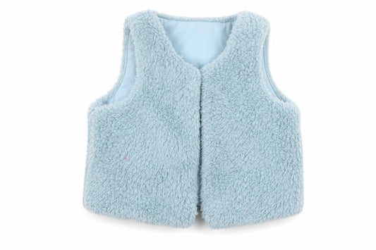 Front view of Teeny Weeny unisex baby blue faux fur waistcoat 18-24 months lined soft vest