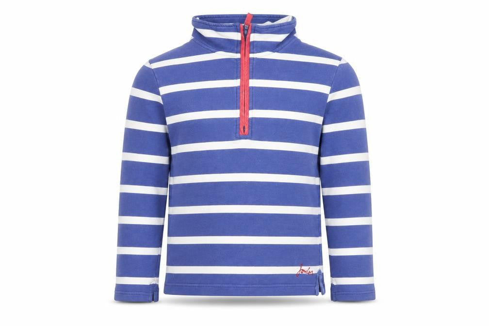 Front view of Joules girls’ blue striped 1/2 zip sweatshirt 9-10 years cotton nautical