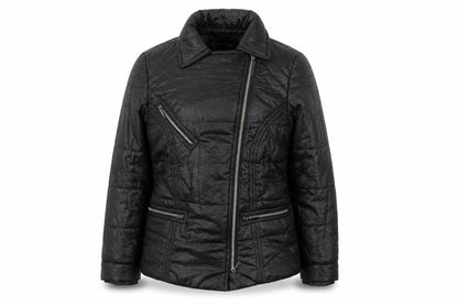 Front view of Kaleidoscope women’s black puffer jacket uk 10 lined zip mid-length