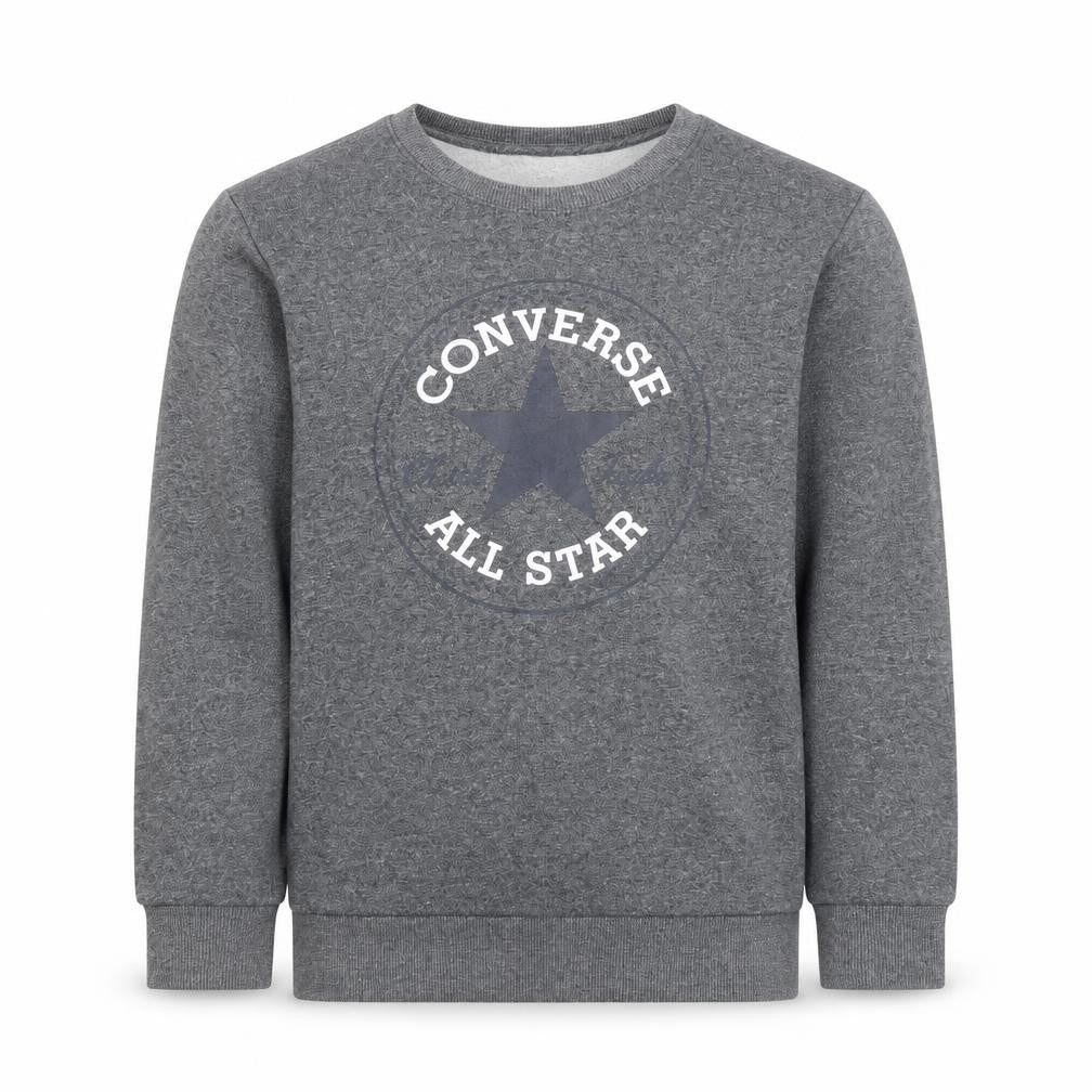 Front view of Converse boys’ grey 12-13 years pullover fleece sweatshirt crew neck logo jumper