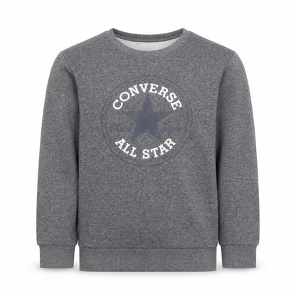 Front view of Converse boys’ grey 12-13 years pullover fleece sweatshirt crew neck logo jumper