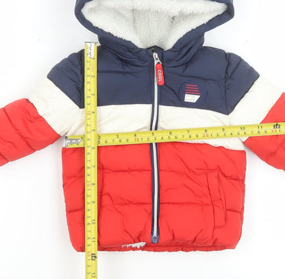 F&F Unisex Baby Navy Red Colourblock Puffer Jacket 0-3 Months Hooded Lined
