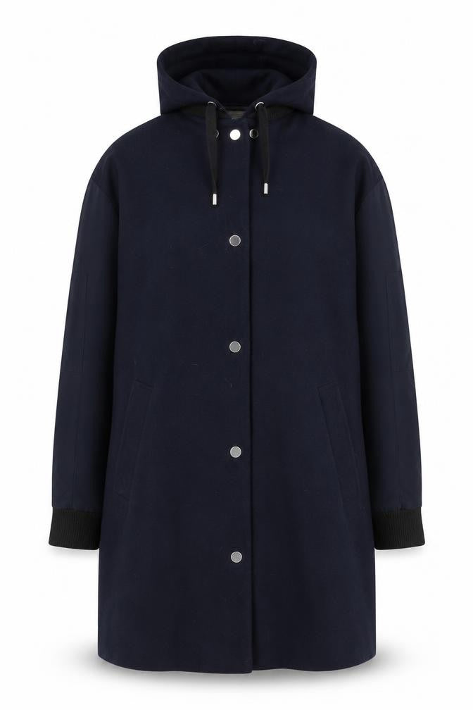 Front view of Topshop unisex navy blue hooded mid-length parka coat, size 34